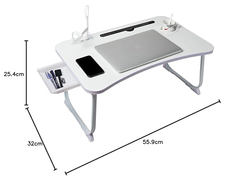 (OPEN BOX)GoRogue Laptop Table for Bed & Sofa, Foldable Desk with Cup Holder, Drawer & Built-in USB Hub with Free Mini Fan, LED Lamp (Black)