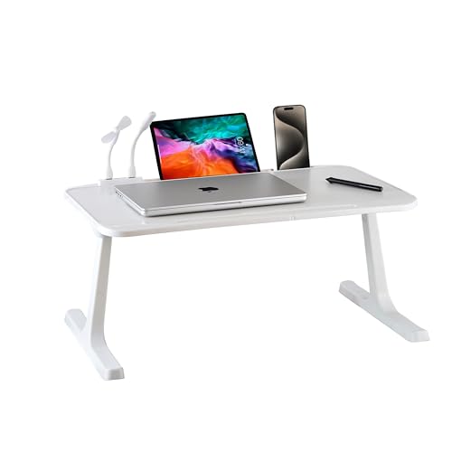(OPEN BOX)GoRogue Laptop Table for Bed & Sofa, Foldable Desk with Cup Holder, Drawer & Built-in USB Hub with Free Mini Fan, LED Lamp (Black)