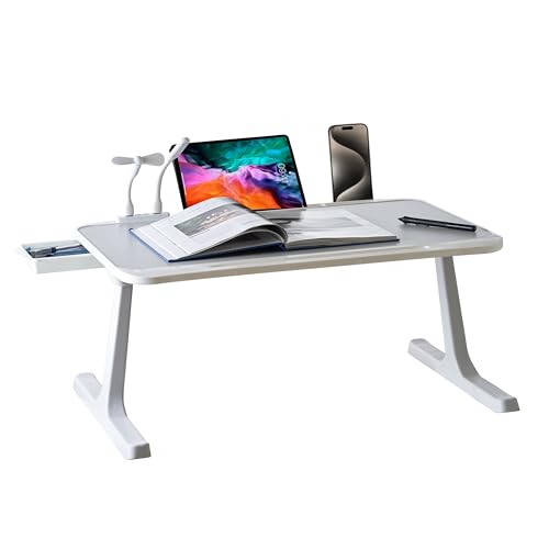 (OPEN BOX)GoRogue Laptop Table for Bed & Sofa, Foldable Desk with Cup Holder, Drawer & Built-in USB Hub with Free Mini Fan, LED Lamp (Black)