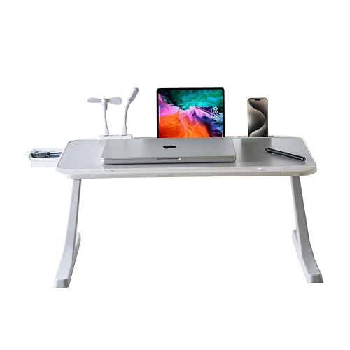 (OPEN BOX)GoRogue Laptop Table for Bed & Sofa, Foldable Desk with Cup Holder, Drawer & Built-in USB Hub with Free Mini Fan, LED Lamp (Black)