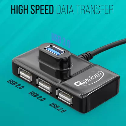 (Open Box) QUANTUM QHM7532 4 Port USB Hub with High Speed Data Transfer for Laptop, PC, Type C USB Hub (Black)