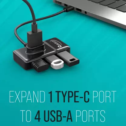 (Open Box) QUANTUM QHM7532 4 Port USB Hub with High Speed Data Transfer for Laptop, PC, Type C USB Hub (Black)