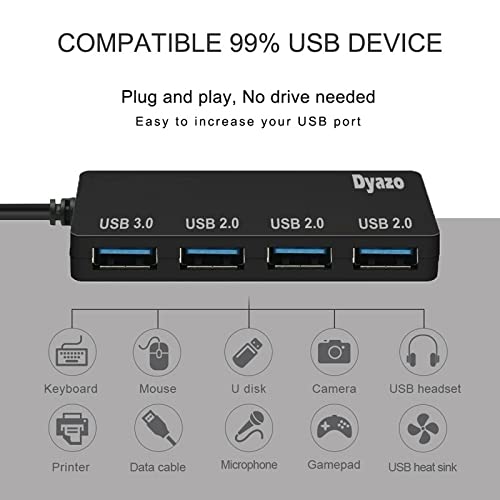 (Open Box)Dyazo 3-Port USB Data Hub High Speed Splitter Plug/Box/Adapter Expansion, Small, Compact, Universal Data Transfer, Wide Compatibility: Windows, Mac OS (Black)