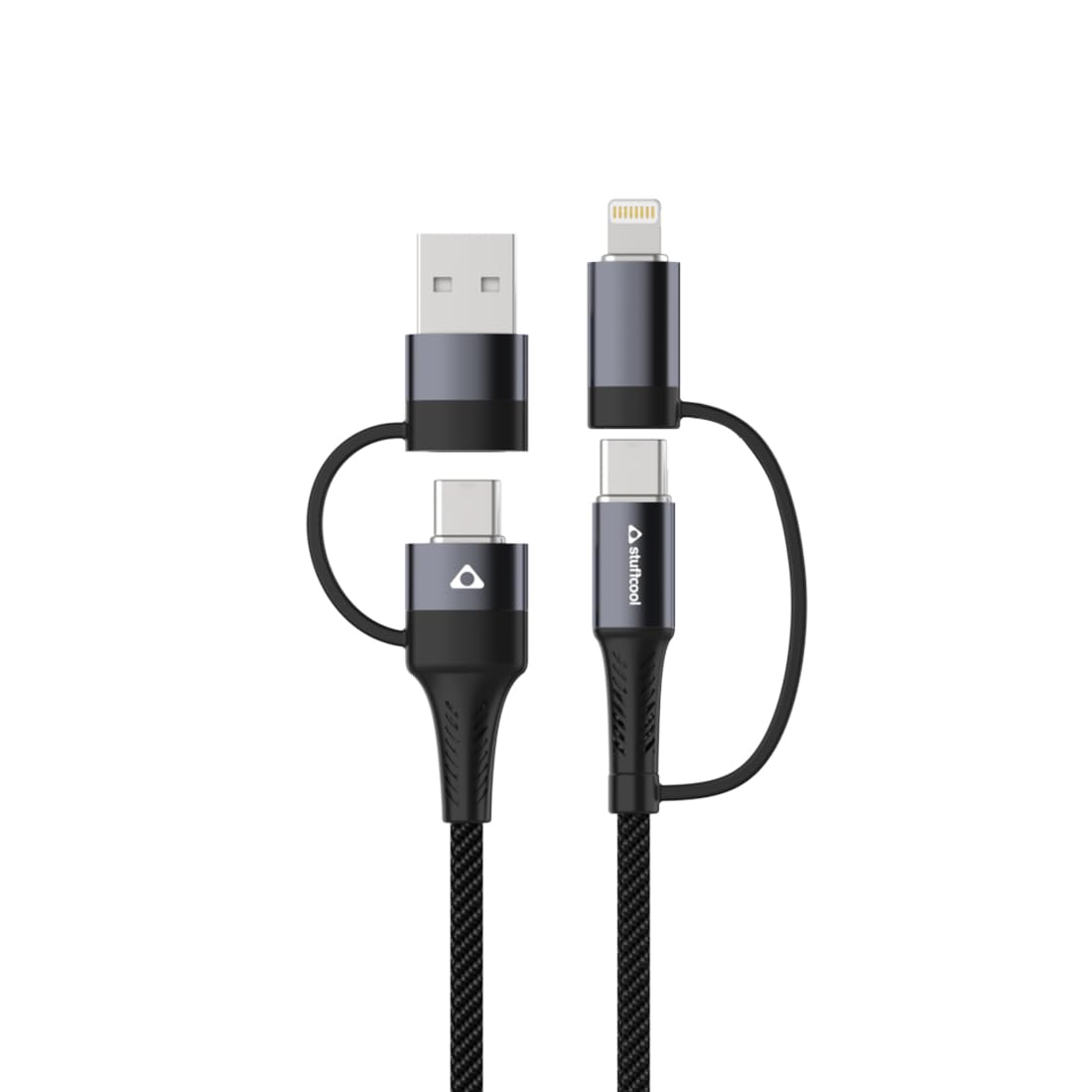 (Open box) Stuffcool Quad 4 in 1 Cable 65W PD USB to Lightning, USB to Type-C, Type-C to Lightning & Type C to Type-C Sync and Charge Nylon Braided Fast Charging Cable Compatible with iPhone 12/13/14, 1m 3 Feet