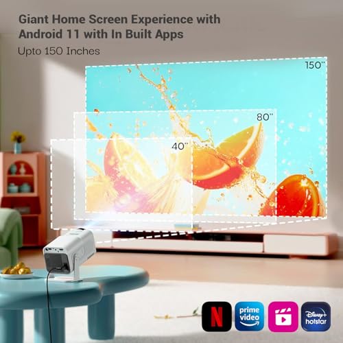 (Open Box) Lifelong Lightbeam Smart Projector for Home 4K Support, Native 720p HD Resolution, 2500 Lumen, Rotabable Design, Speaker, Android 11 with Built-in Apps (Netflix, Prime, Youtube) WiFi, 100''Max Display