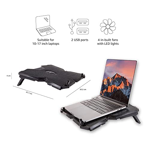(Open Box) Amazon Basics Laptop Cooling Pad, USB Powered Portable Gaming Laptop Cooler Stand | Quiet 2 Fans with Blue LED Light | 2 Viewing Angles | Slim Chill Mat for 10 to 15.6-Inch Laptops