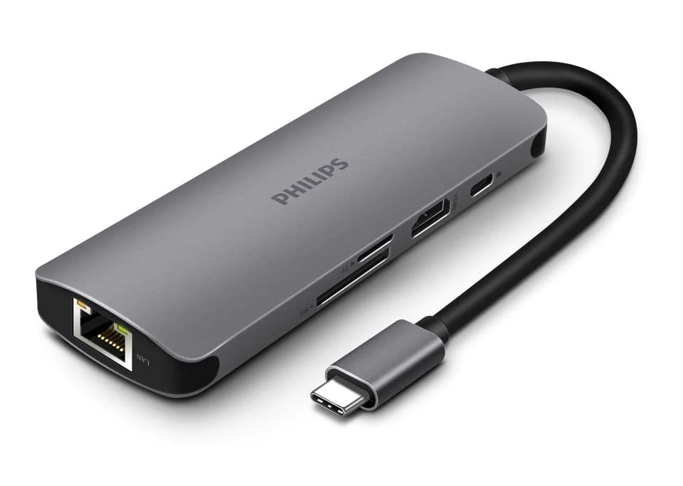(Open Box) PHILIPS 7 in 1 USB Type C to HDMI 4K 30Hz + 3 x USB A + PD (max 60W) + Micro SD Card Slot + SD Card Slot Dock Adapter for MacBook, Windows OS, iPad, Chromebook, Surface, Android Type C Port Devices