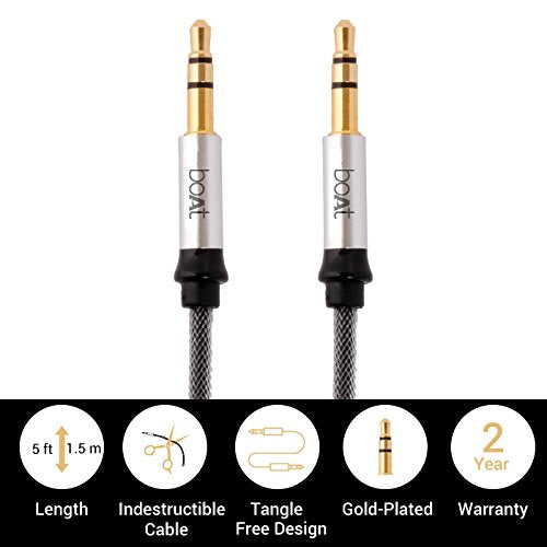 (Open Box) boAt AUX 500 3.5mm Male to Male Gold Plated Connectors, Metallic Aux Audio Cable for Smartphone, 1.5 Meter(Silver Metallic)