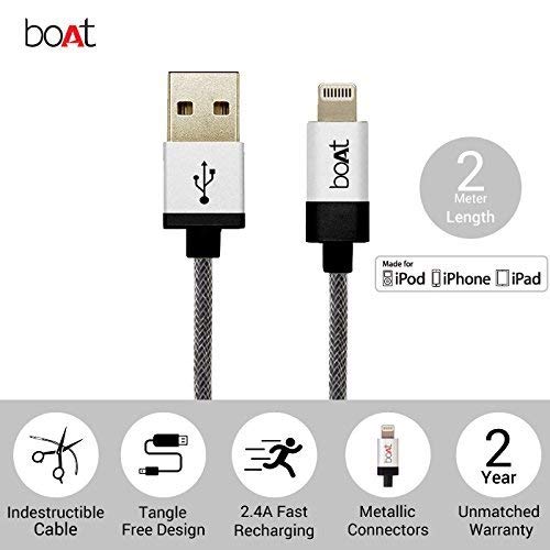 (Open box)boAt LTG 500 Apple MFI Certified for iPhone, iPad and iPod 2Mtr Data Cable(Metallic Silver)