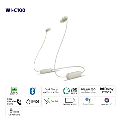 (Open box)Sony WI-C100 Wireless Headphones with Customizable Equalizer for Deep Bass & 25 Hrs Battery, DSEE-Upscale, Splash Proof, 360RA, Fast Pair, in-Ear Bluetooth Headset with mic for Phone Calls (Black)