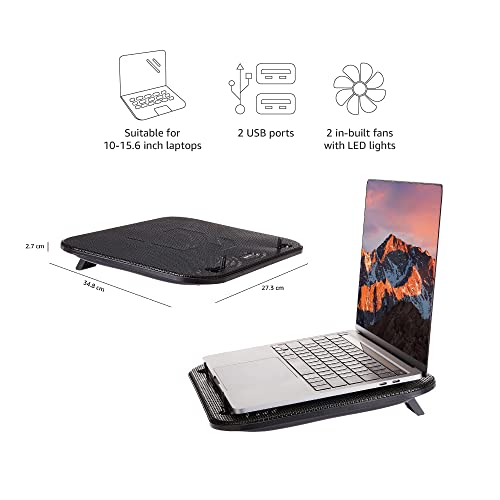 (Open Box) Amazon Basics Laptop Cooling Pad, USB Powered Portable Gaming Laptop Cooler Stand | Quiet 2 Fans with Blue LED Light | 2 Viewing Angles | Slim Chill Mat for 10 to 15.6-Inch Laptops