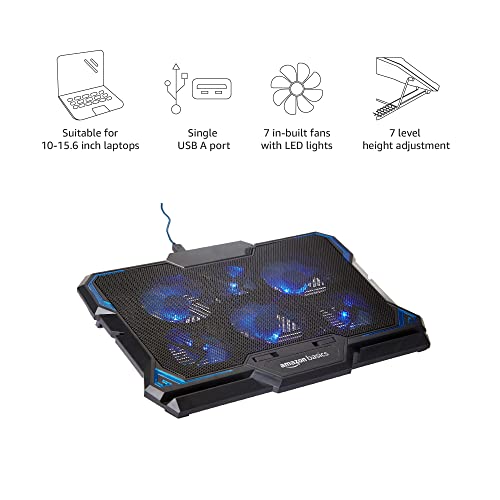 (Open Box) Amazon Basics Laptop Cooling Pad, USB Powered Portable Gaming Laptop Cooler Stand | Quiet 2 Fans with Blue LED Light | 2 Viewing Angles | Slim Chill Mat for 10 to 15.6-Inch Laptops