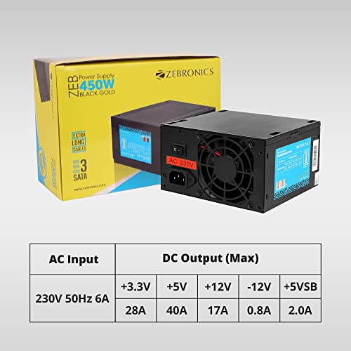 (Open Box)Zebronics 450W Black Gold Power Supply with 3X SATA connectors, 2X Molex, 80mm Built-in Fan, Extra Long Cables, 1.2 Meter Power Cable and Suitable for Regular use Computers