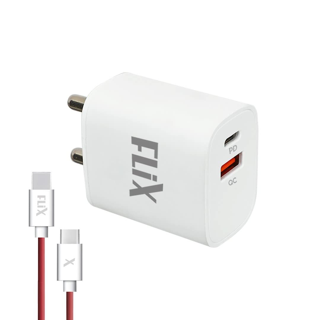 (Open Box) FLiX (Beetel) Storm 33W PD & QC Dual Port Wall Charger,USB Type A & Type C Output Widely Compatible for All Android & IOS Devices,Enhanced Safety,Light Weight & Compact,with Type C Cable (White–SD133)