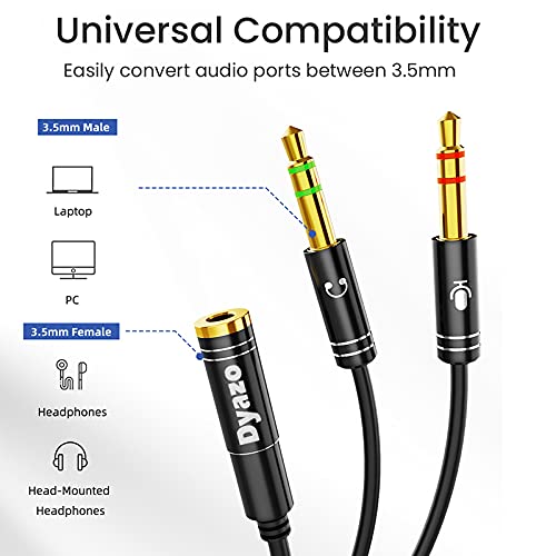 (Open Box) Dyazo Audio Headphone Earphone & Mic 3.5mm Jack Splitter 2 Male to 1 Female Gold Plated Car Aux Y Adapter Cable for Phones | Tablets| Playstation Personal Computer | Notebooks | Laptops & More