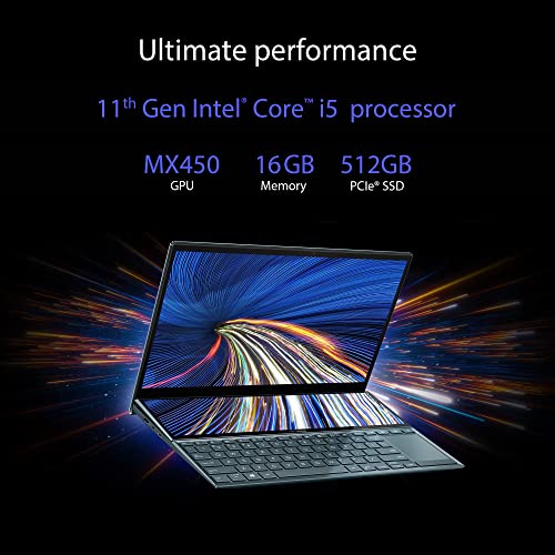 (Brand Refurbished) ASUS ZenBook Duo 14 (2021) Dual Screen Laptop, 14" (35.56 cm) FHD, Intel Core i5-1155G7 11th Gen, (16GB/512GB SSD/Windows 11/Office 2021/2GB NVIDIA GeForce MX450/Blue/1.62 Kg), UX482EGR-KA521WS