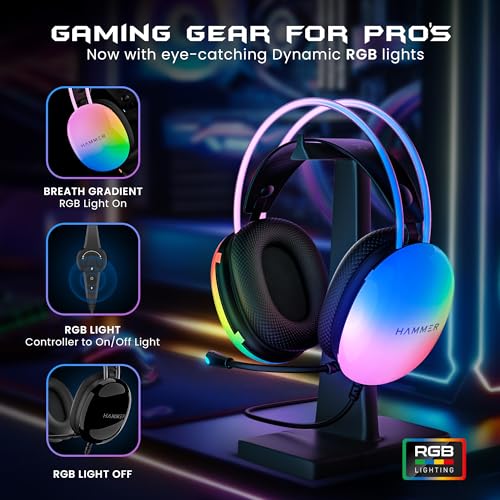 (Open Box) HAMMER Blaze Wired Over Ear Gaming Headphones with Mic, 50mm Drivers, Full RGB Lights, Gaming Headset with Adjustable Bands, Breathable earcushion, 1.5Mtr Wire with USB (Black)