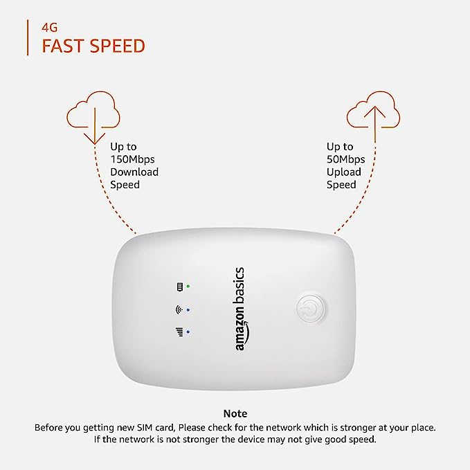 (Open Box) amazon basics 4G LTE Wireless Dongle with All Sim Network Support|Plug&Play Data Card Stick with Up to 150Mbps WiFi Hotspot|2100Mah Rechargeable Battery|Sim Adapter Included (White),Single_Band l