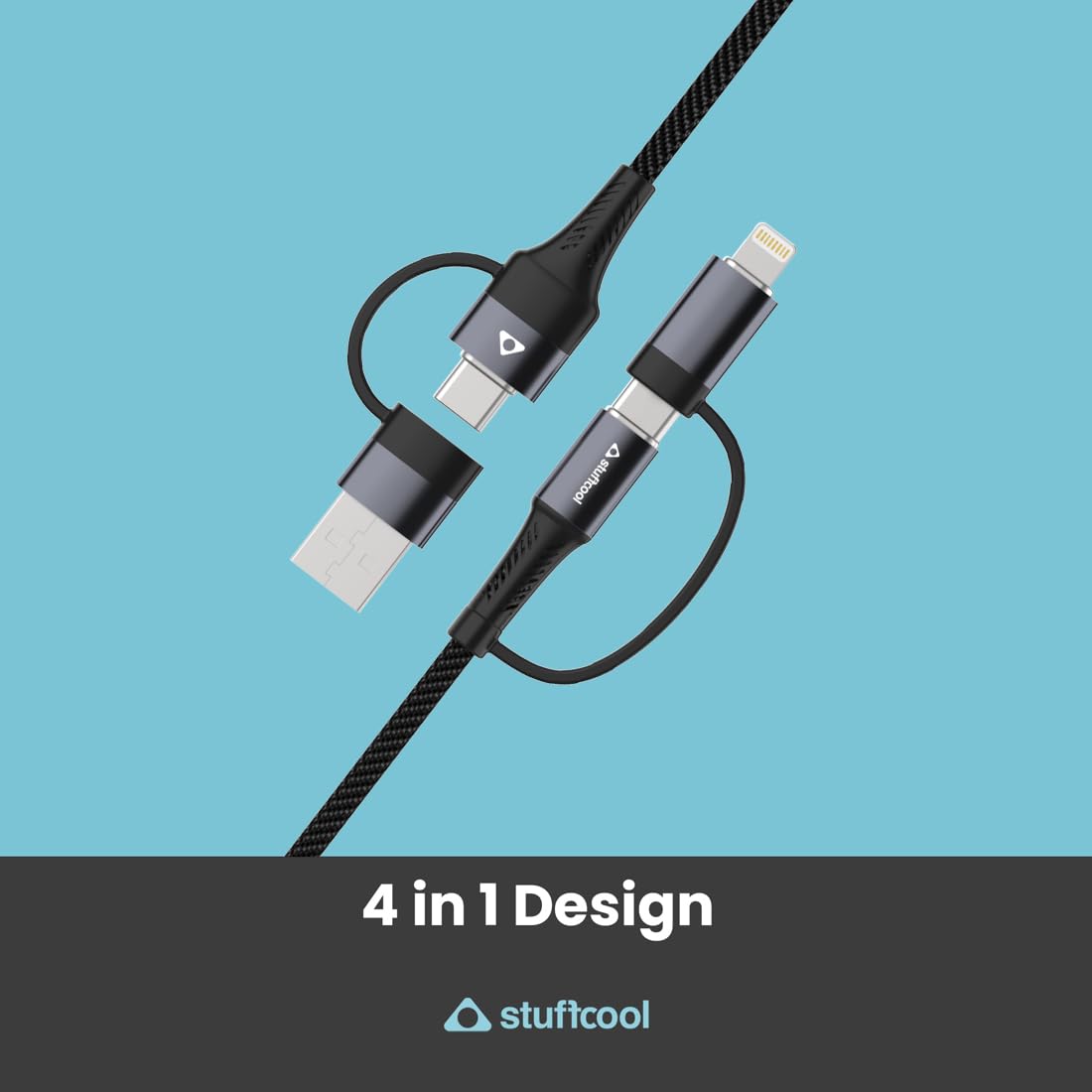 (Open box) Stuffcool Quad 4 in 1 Cable 65W PD USB to Lightning, USB to Type-C, Type-C to Lightning & Type C to Type-C Sync and Charge Nylon Braided Fast Charging Cable Compatible with iPhone 12/13/14, 1m 3 Feet