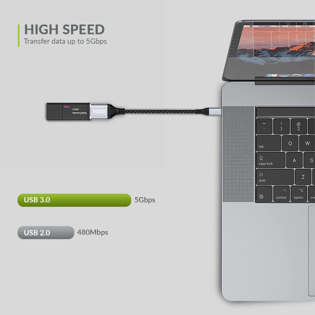 (Open Box)Tizum USB Type C to 3.0 USB OTG Adapter/Cable/Connector, Fast Charging Data Transfer @5GBPS - MacBook Air/Pro, 11/12.9 iPad Pro, 10.9 iPad Air 4, Galaxy S20, S20+, All Type-C Devices, 22 cm