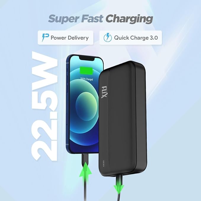 (Open Box) FLiX(Beetel) Just Launched UltraCharge 20,000mAh QCPD Power Bank,USB C/B Input,Tripple output 22.5W High-Speed Power Delivery
