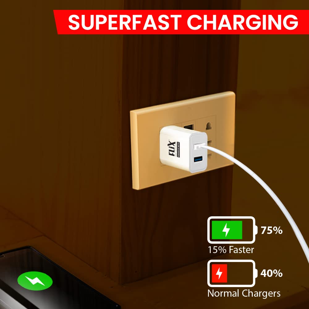 (Open Box) FLiX (Beetel) Storm 33W PD & QC Dual Port Wall Charger,USB Type A & Type C Output Widely Compatible for All Android & IOS Devices,Enhanced Safety,Light Weight & Compact,with Type C Cable (White–SD133)