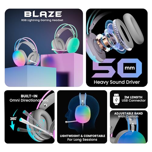 (Open Box) HAMMER Blaze Wired Over Ear Gaming Headphones with Mic, 50mm Drivers, Full RGB Lights, Gaming Headset with Adjustable Bands, Breathable earcushion, 1.5Mtr Wire with USB (Black)