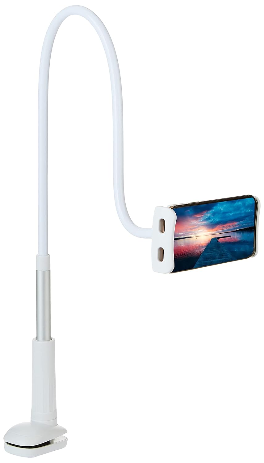 (Open Box) Amazon Basics Universal Mobile & Tablet Holder 360 Rotation, Long Flexible Alloy Arm | Stand for Desk, Table, Bed, Kitchen, Bathroom for 4.6-Inches to 10.4-Inches Tablet/Smartphones (White) Tabletop