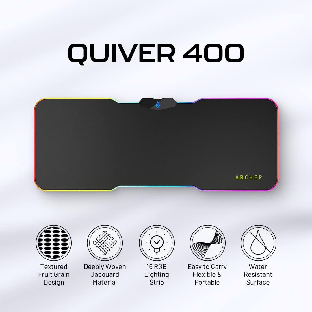 (Open Box) Archer Tech Lab Quiver 400 Gaming Mousepad, 16 RGB Strip Design, Touch Control, High Speed+Low Friction Jacquard Cloth Surface, Fruit Grain Anti Skid Base, Water-Resistant, Extra Ports, Portable