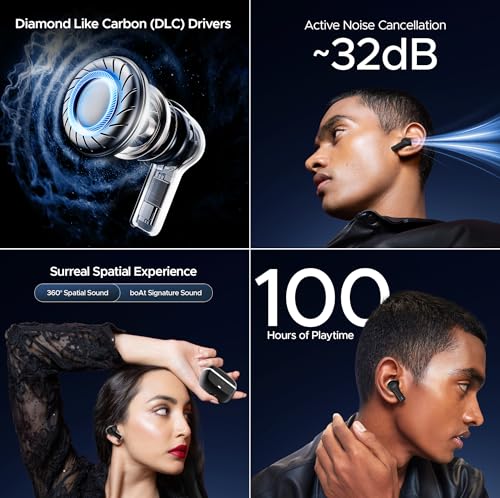 (Open Box) boAt Nirvana Space w/ 360º Spatial Audio, ANC Up to 32dB, 100hrs Playback, 4 Mics with AI-ENx™, Hearables App, Adaptive EQ, in-Ear Detection, DLC Drivers Truly Wireless in Ear Earbuds