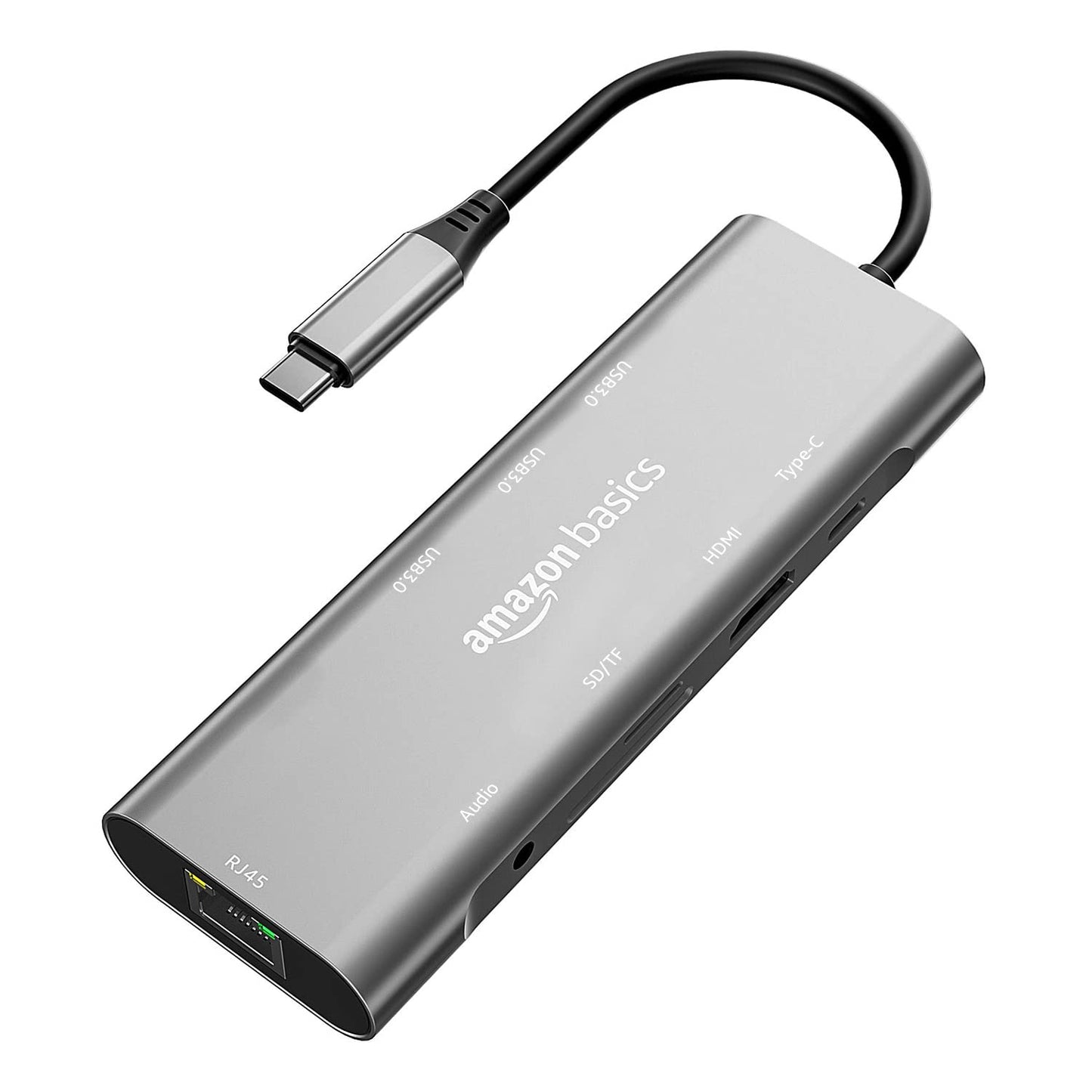 (Open Box) Amazon Basics USB-C Hub Dock 8-in-1 HDCP Aluminium Type-C Adapter with 4K HDMI Port, Ethernet 100mbps Port, USB 3.0 Port, USB-C Power Delivery, TF/SD Card Reader, Mac & Windows USB-C Devices