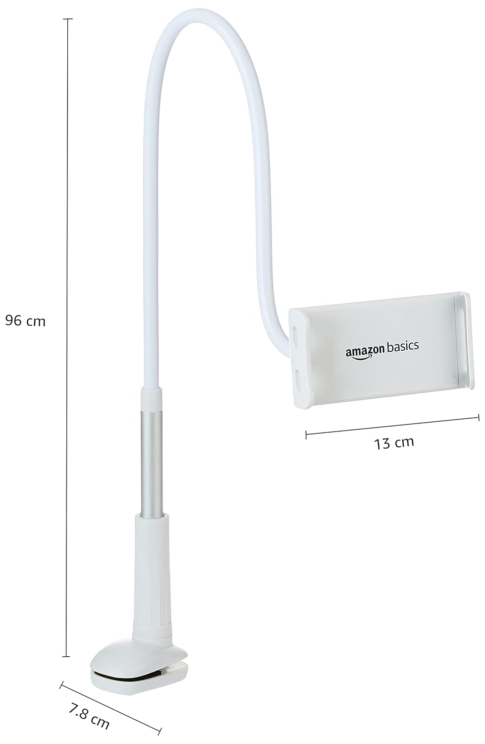 (Open Box) Amazon Basics Universal Mobile & Tablet Holder 360 Rotation, Long Flexible Alloy Arm | Stand for Desk, Table, Bed, Kitchen, Bathroom for 4.6-Inches to 10.4-Inches Tablet/Smartphones (White) Tabletop