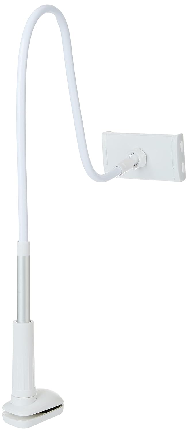 (Open Box) Amazon Basics Universal Mobile & Tablet Holder 360 Rotation, Long Flexible Alloy Arm | Stand for Desk, Table, Bed, Kitchen, Bathroom for 4.6-Inches to 10.4-Inches Tablet/Smartphones (White) Tabletop