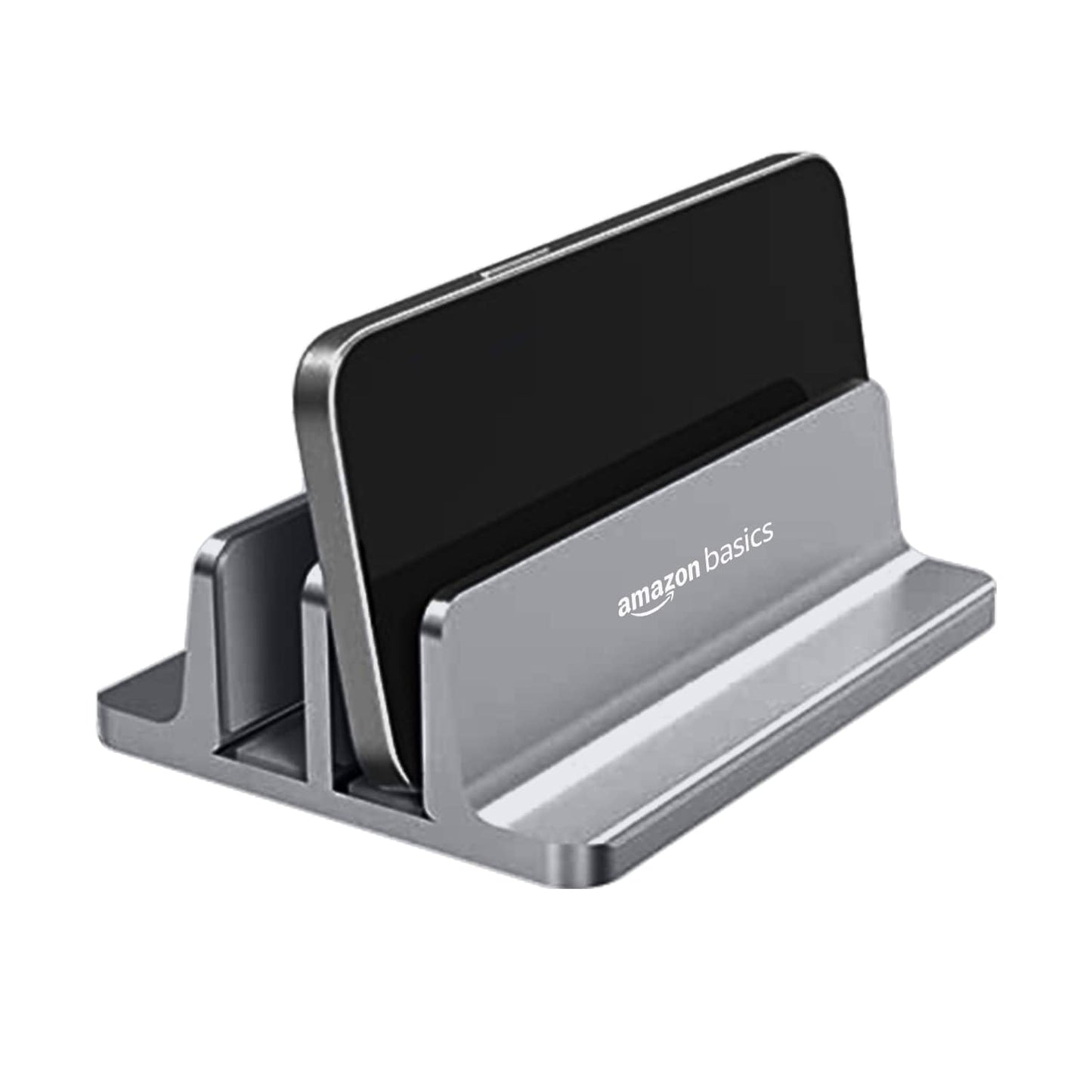 (Open Box) amazon basics Vertical Laptop Stand With Adjustable Dock And Dual Slots, Compatible With All Laptops Up To 20.3" (Aluminium, Grey)