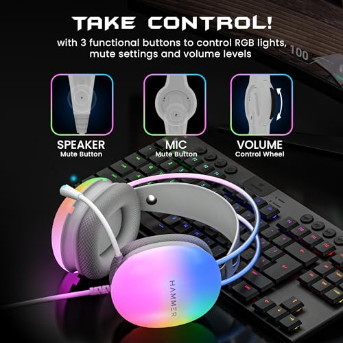 (Open Box) HAMMER Blaze Wired Over Ear Gaming Headphones with Mic, 50mm Drivers, Full RGB Lights, Gaming Headset with Adjustable Bands, Breathable earcushion, 1.5Mtr Wire with USB (Black)