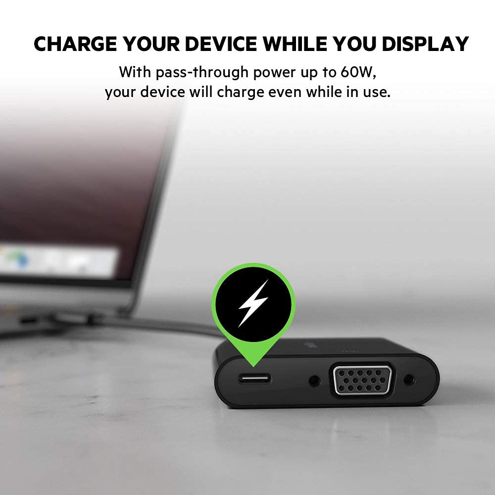 (Open Box) Belkin USB-C to VGA Adapter + Charge (Supports HD 1080p Video Resolution, 60W Pass-Through Power for Connected Devices) MacBook Pro VGA Adapter, Black