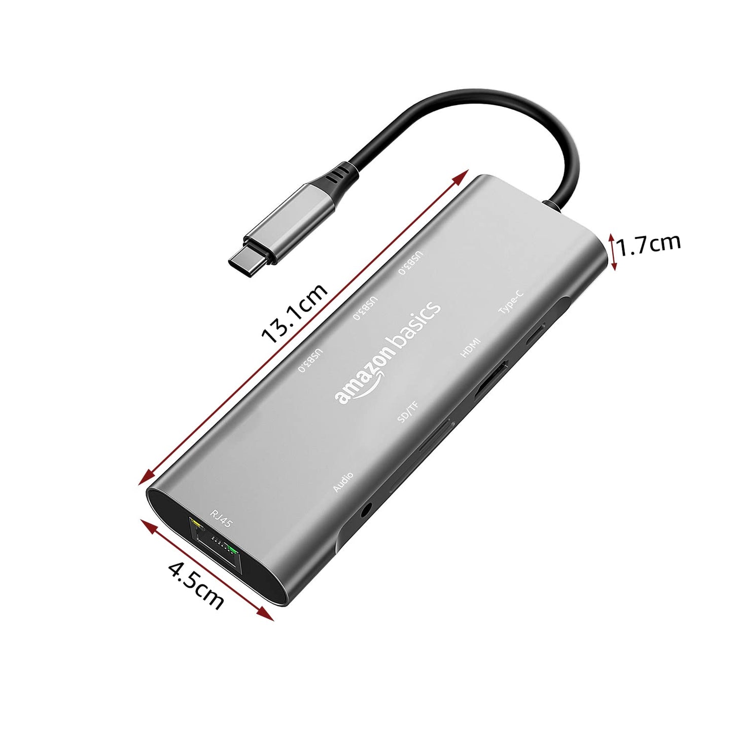 (Open Box) Amazon Basics USB-C Hub Dock 8-in-1 HDCP Aluminium Type-C Adapter with 4K HDMI Port, Ethernet 100mbps Port, USB 3.0 Port, USB-C Power Delivery, TF/SD Card Reader, Mac & Windows USB-C Devices