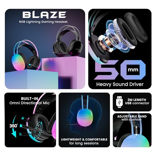 (Open Box) HAMMER Blaze Wired Over Ear Gaming Headphones with Mic, 50mm Drivers, Full RGB Lights, Gaming Headset with Adjustable Bands, Breathable earcushion, 1.5Mtr Wire with USB (Black)