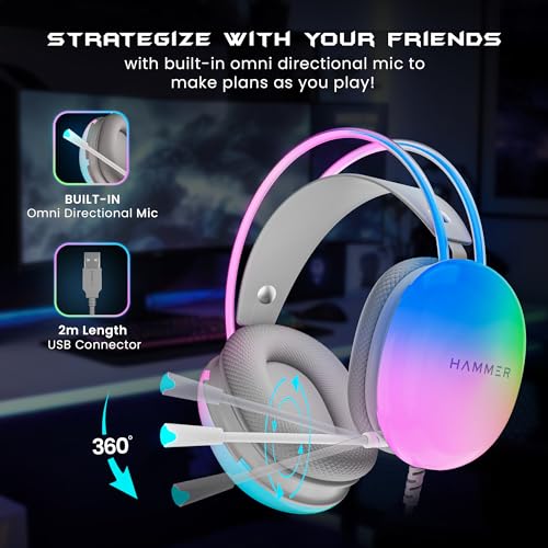 (Open Box) HAMMER Blaze Wired Over Ear Gaming Headphones with Mic, 50mm Drivers, Full RGB Lights, Gaming Headset with Adjustable Bands, Breathable earcushion, 1.5Mtr Wire with USB (Black)