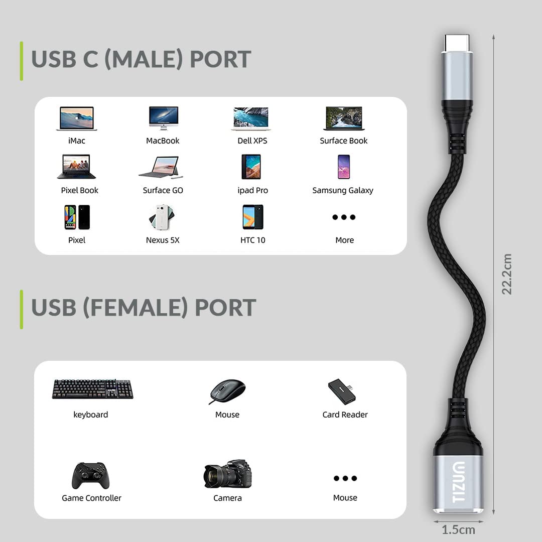(Open Box)Tizum USB Type C to 3.0 USB OTG Adapter/Cable/Connector, Fast Charging Data Transfer @5GBPS - MacBook Air/Pro, 11/12.9 iPad Pro, 10.9 iPad Air 4, Galaxy S20, S20+, All Type-C Devices, 22 cm