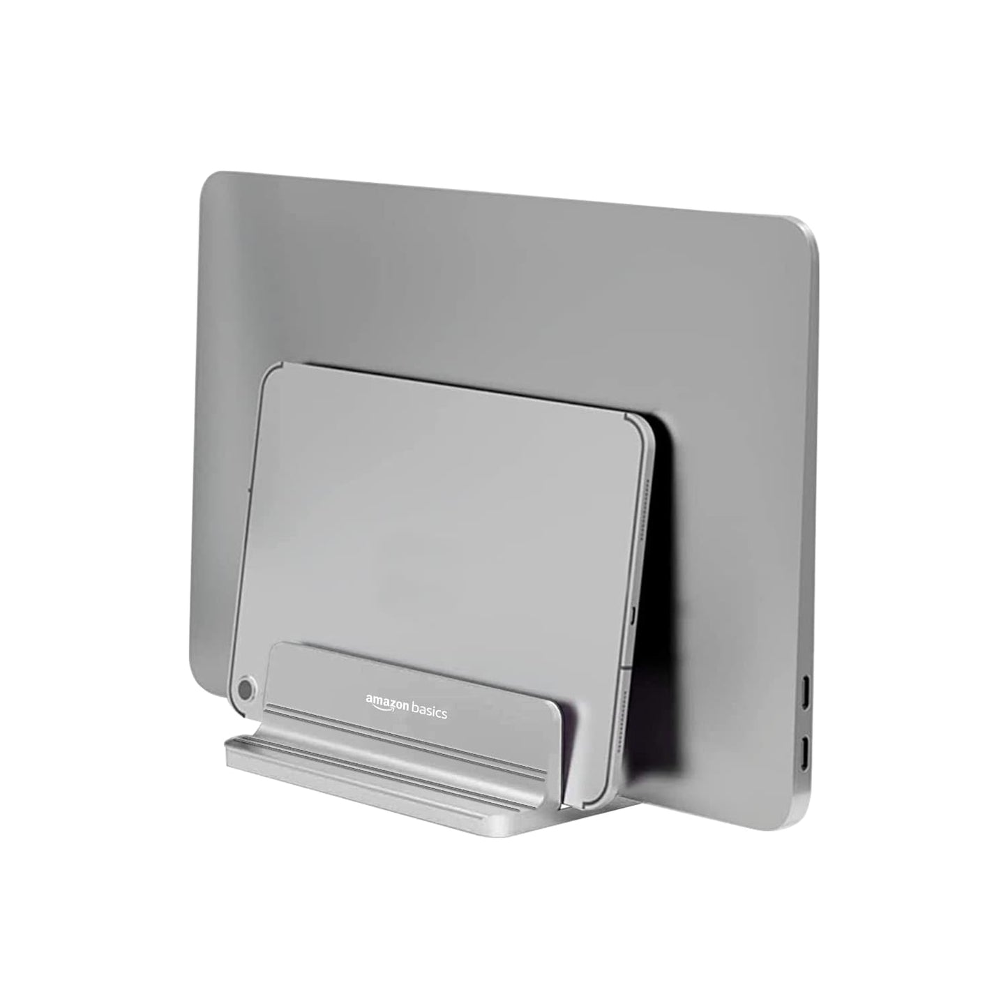 (Open Box) amazon basics Vertical Laptop Stand With Adjustable Dock And Dual Slots, Compatible With All Laptops Up To 20.3" (Aluminium, Grey)