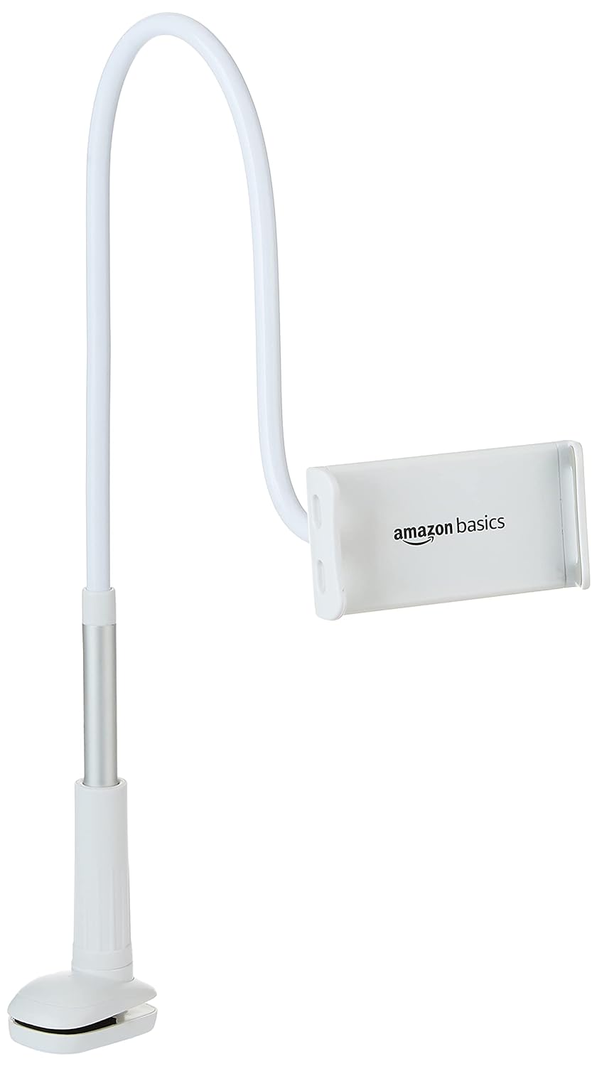 (Open Box) Amazon Basics Universal Mobile & Tablet Holder 360 Rotation, Long Flexible Alloy Arm | Stand for Desk, Table, Bed, Kitchen, Bathroom for 4.6-Inches to 10.4-Inches Tablet/Smartphones (White) Tabletop
