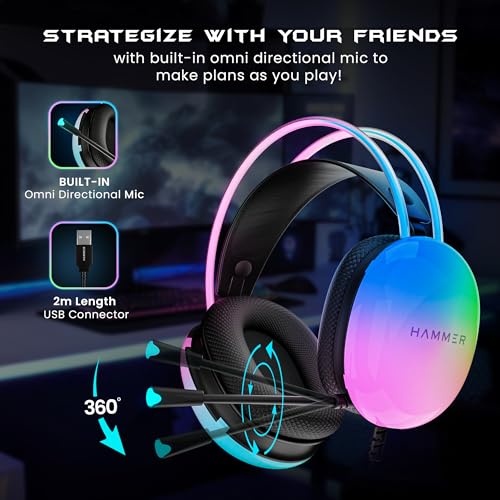 (Open Box) HAMMER Blaze Wired Over Ear Gaming Headphones with Mic, 50mm Drivers, Full RGB Lights, Gaming Headset with Adjustable Bands, Breathable earcushion, 1.5Mtr Wire with USB (Black)