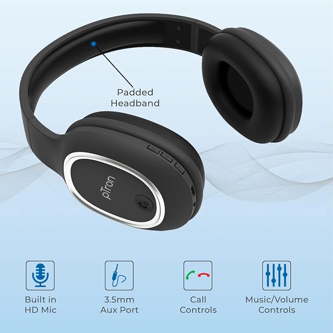 (Open Box) pTron Studio Over-Ear Bluetooth 5.0 Wireless Headphones with Mic, Hi-Fi Sound with Deep Bass, 12Hrs Playback, Lightweight Wireless Headset, Soft Cushions Earpads, Fast Charging & Aux Port
