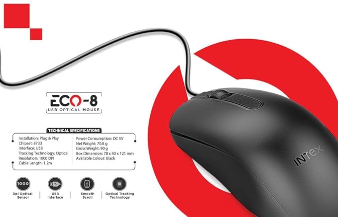 (Open Box) Intex ECO-8 USB 2.0 Wired Optical Mouse(Black)