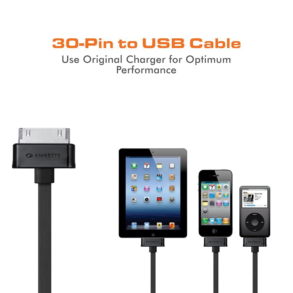 (Open Box) Amkette 30 Pin to USB Charging & Data Sync Cable for iPhone 3G/3GS/4/4s/iPad 1/2/3, iPod Nano 5th/6th Gen and iPod Touch 3rd/4th Gen -1.5m (Black)