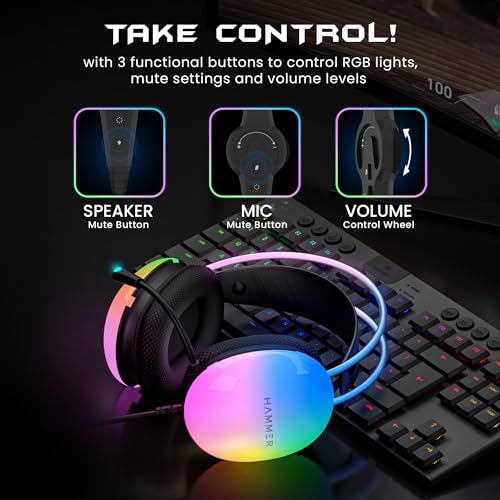 (Open Box) HAMMER Blaze Wired Over Ear Gaming Headphones with Mic, 50mm Drivers, Full RGB Lights, Gaming Headset with Adjustable Bands, Breathable earcushion, 1.5Mtr Wire with USB (Black)