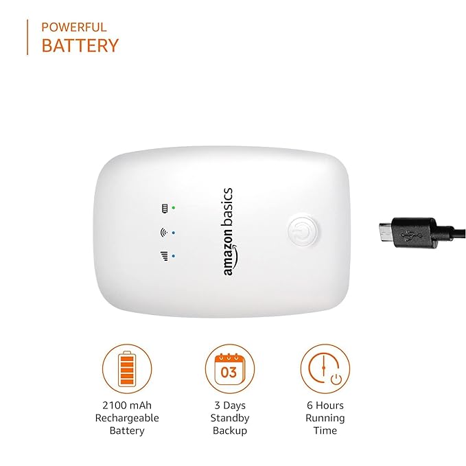 (Open Box) amazon basics 4G LTE Wireless Dongle with All Sim Network Support|Plug&Play Data Card Stick with Up to 150Mbps WiFi Hotspot|2100Mah Rechargeable Battery|Sim Adapter Included (White),Single_Band