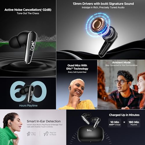 (Open Box) boAt Airdopes 280 ANC Truly Wireless in-Ear Earbuds with 32dB ANC, Ambient Mode, 60HRS Playback, 13mm Drivers, 4 Mics ENx™, in-Ear Detection, ASAP™ Charge,Beast Mode,IPX5 Ear Buds TWS (Active Black)