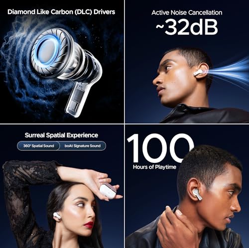 (Open Box) boAt Nirvana Space w/ 360º Spatial Audio, ANC Up to 32dB, 100hrs Playback, 4 Mics with AI-ENx™, Hearables App, Adaptive EQ, in-Ear Detection, DLC Drivers Truly Wireless in Ear Earbuds